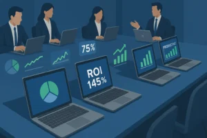 Business laptop comparison guide for 2025 showing top 7 models with performance data, ROI analysis, and productivity metrics for small businesses