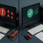 Computer troubleshooting guide infographic showing diagnostic steps, common problems, and repair tools for fixing startup issues