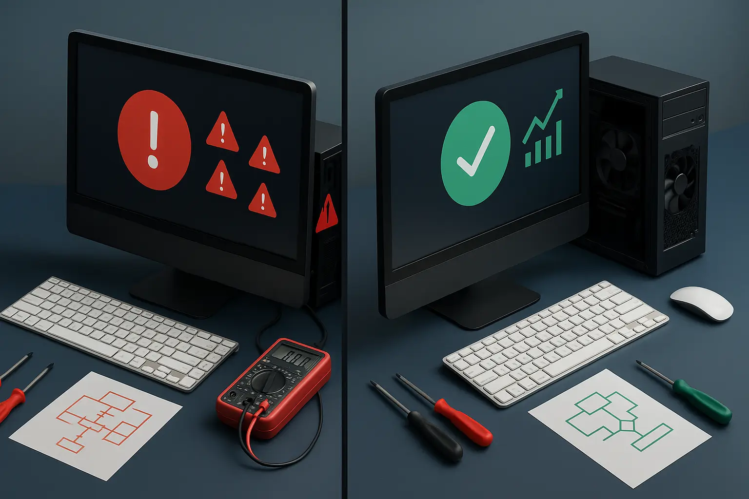 Computer troubleshooting guide infographic showing diagnostic steps, common problems, and repair tools for fixing startup issues