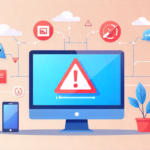 Computer displaying various warning signs including slow performance, security alerts, and system errors