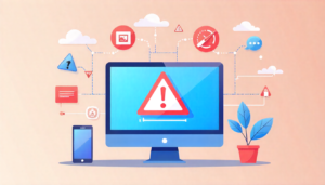 Computer displaying various warning signs including slow performance, security alerts, and system errors