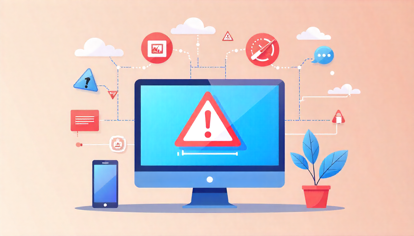 Computer displaying various warning signs including slow performance, security alerts, and system errors