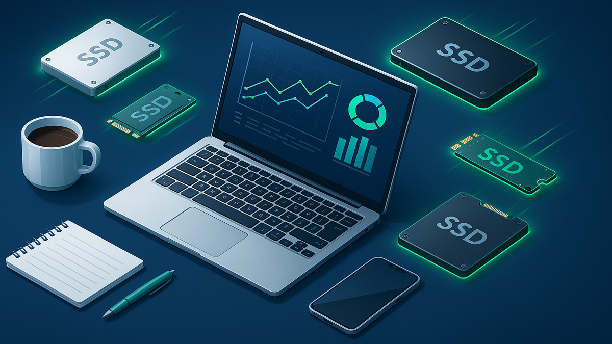 Comparison of top 5 SSDs for small business 2025 with performance data visualization and business environment setup