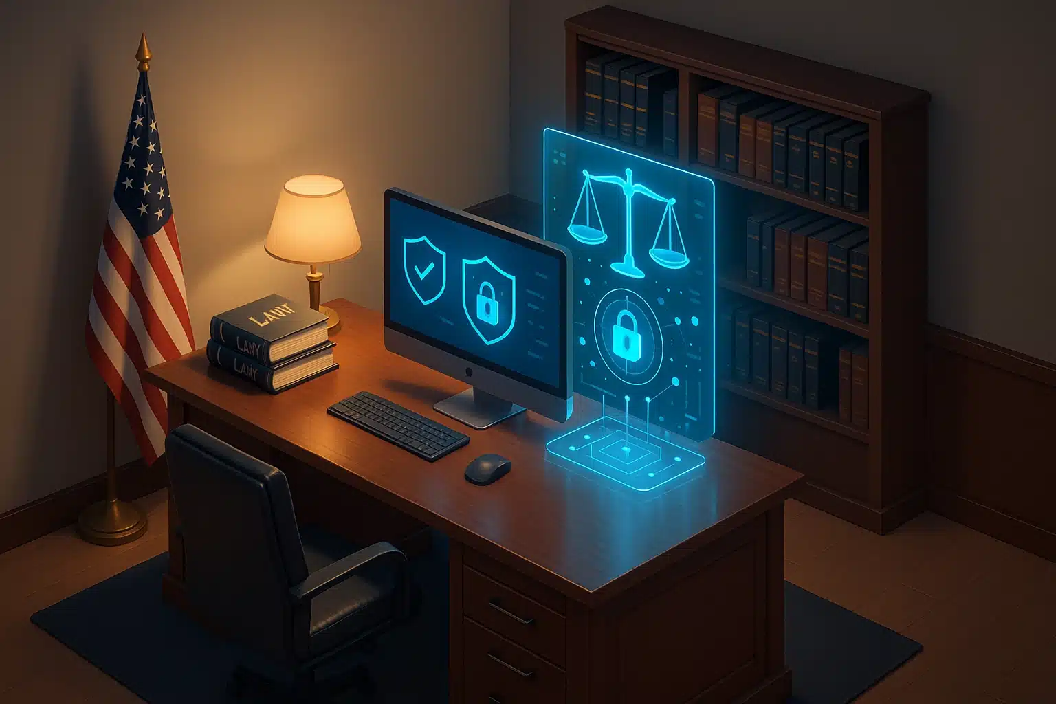 Modern law firm office with integrated AI security technology