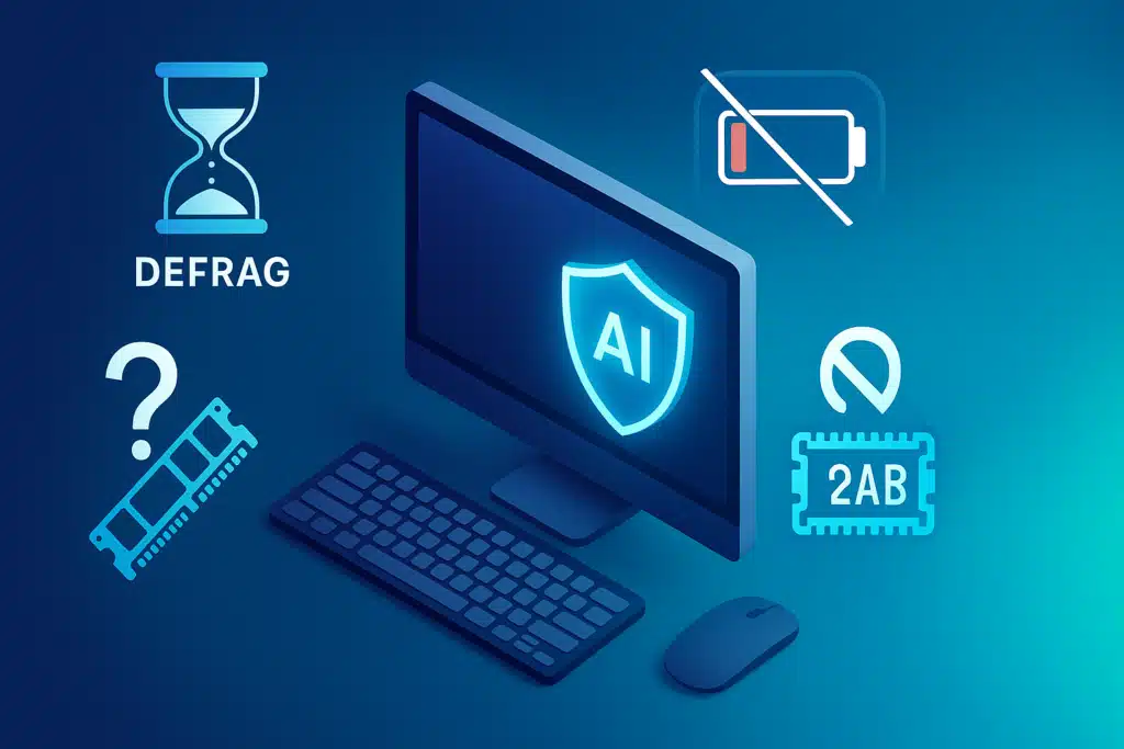 modern desktop computer surrounded by floating myth-busting symbols