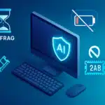 modern desktop computer surrounded by floating myth-busting symbols