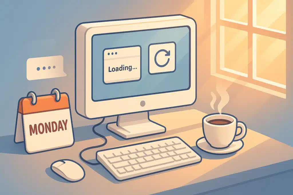 Isometric illustration showing a PC with Monday calendar and morning coffee representing the Monday tech startup routine