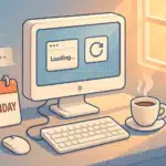Isometric illustration showing a PC with Monday calendar and morning coffee representing the Monday tech startup routine