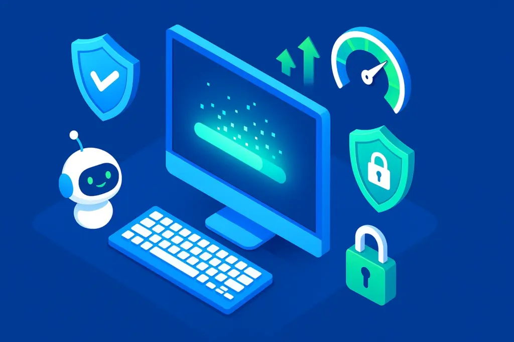 Isometric 3D illustration of computer protected by digital shields and speed indicators representing PC optimization and security