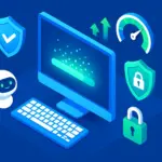 Isometric 3D illustration of computer protected by digital shields and speed indicators representing PC optimization and security