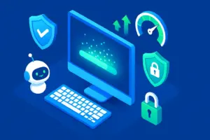 Isometric 3D illustration of computer protected by digital shields and speed indicators representing PC optimization and security
